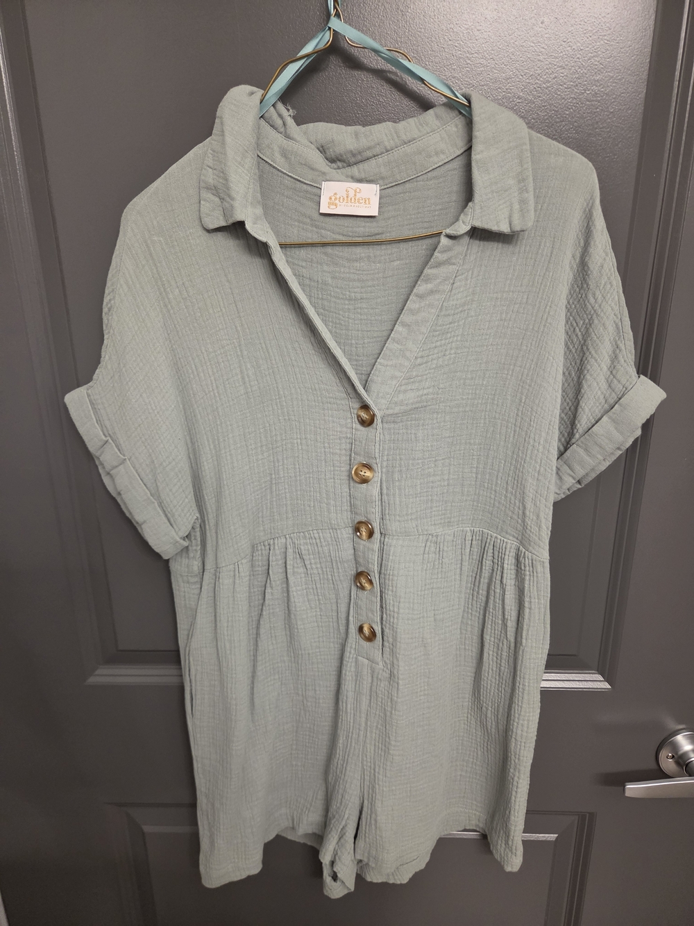 Sage Green Guaze Button Romper